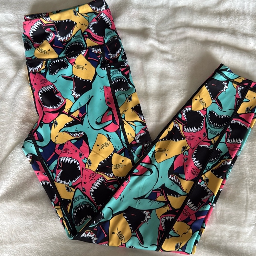Constantly Varied Gear Multicolor Shark-Print Leggings - Teal Pink Yellow Black